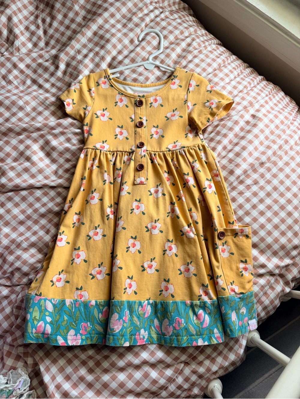 SweetHoney Yellow Floral Button-Front Dress with Blue Floral Hem size 5t